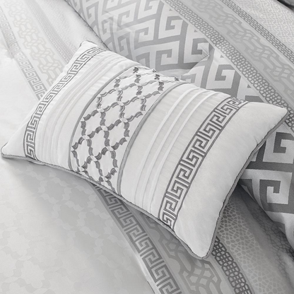 Start2Finish Bennett 7-piece grey comforter bedding set with matching pillow shams and decorative pillows on a bed.