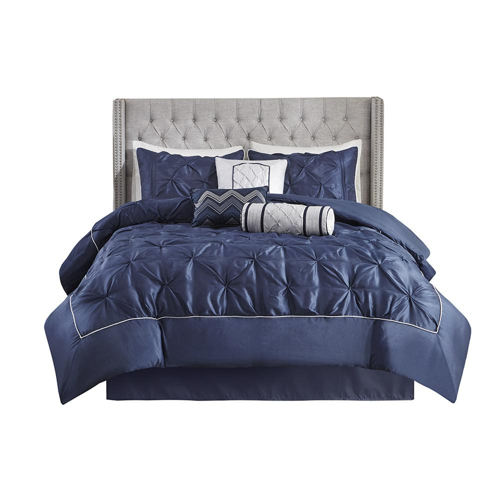 Navy Laurel 7-piece tufted bedding comforter set by Start2Finish with coordinating pillow shams and decorative accents.