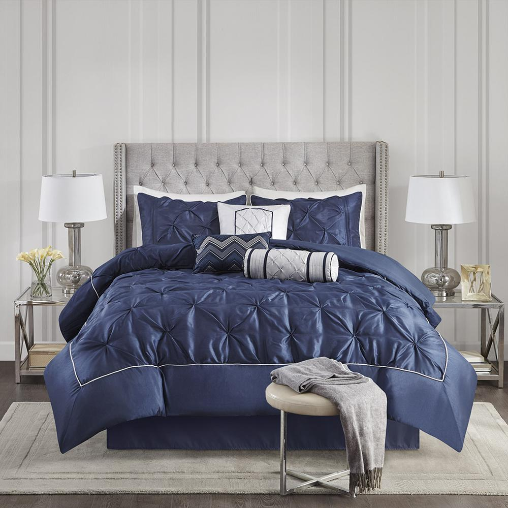 Start2Finish Laurel 7-Piece Navy tufted comforter bedding set with matching pillows and bed skirt, elegant and plush for cozy bedrooms.