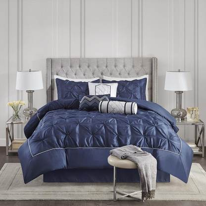 Start2Finish Laurel 7-Piece Navy tufted comforter bedding set with matching pillows and bed skirt, elegant and plush for cozy bedrooms.