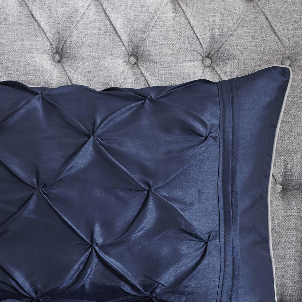 Start2Finish Laurel 7-piece tufted navy comforter bedding set with coordinated pillow shams and decorative accents.