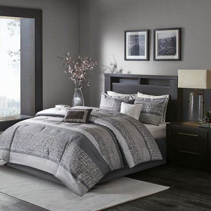 Start2Finish 7-piece Jacquard comforter set with matching pillow shams and decorative pillows on a bed, detailed patterned fabric.
