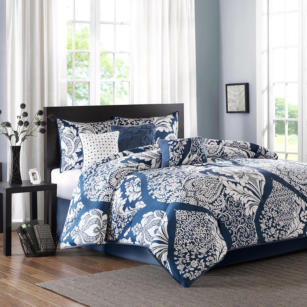 Vienna 7-piece cotton printed comforter set in indigo by Start2Finish, showcasing the bedding with floral patterns and matching pillow shams.