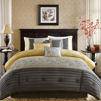 Embroidered 7-piece comforter set by Start2Finish featuring detailed stitching and coordinated pillow shams for a cozy bedroom look.