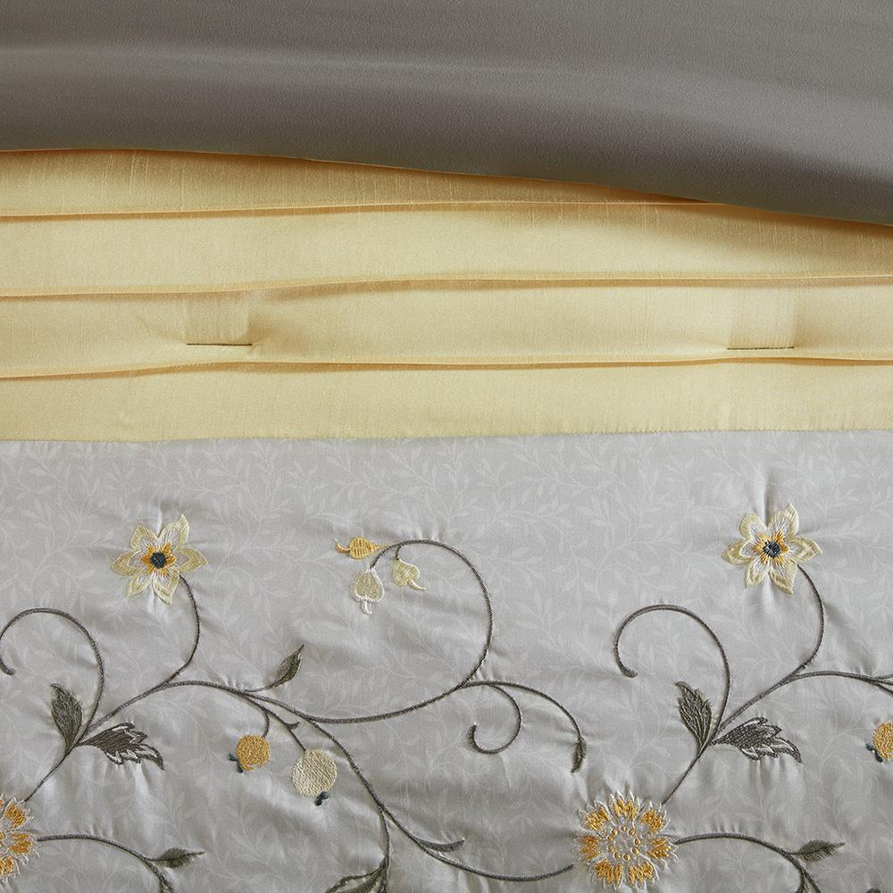 Start2Finish embroidered 7-piece comforter set with floral embroidery, including comforter, pillow shams, and decorative pillows.