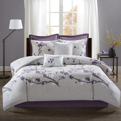 Start2Finish Holly 8-piece cotton comforter set in purple and taupe, featuring a cozy, stylish bedding ensemble.