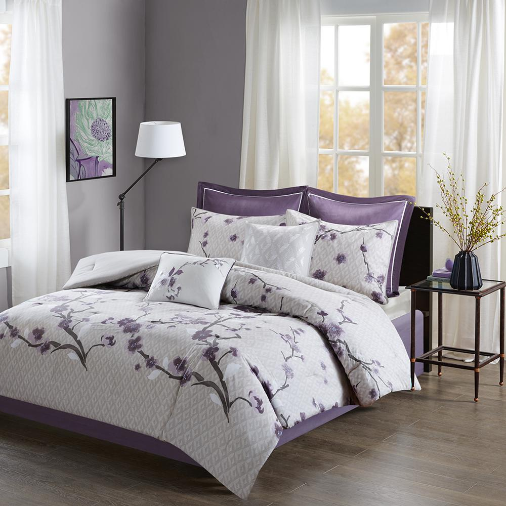 Start2Finish Holly 8-piece cotton comforter set in purple and taupe with matching pillow shams and decorative accents.