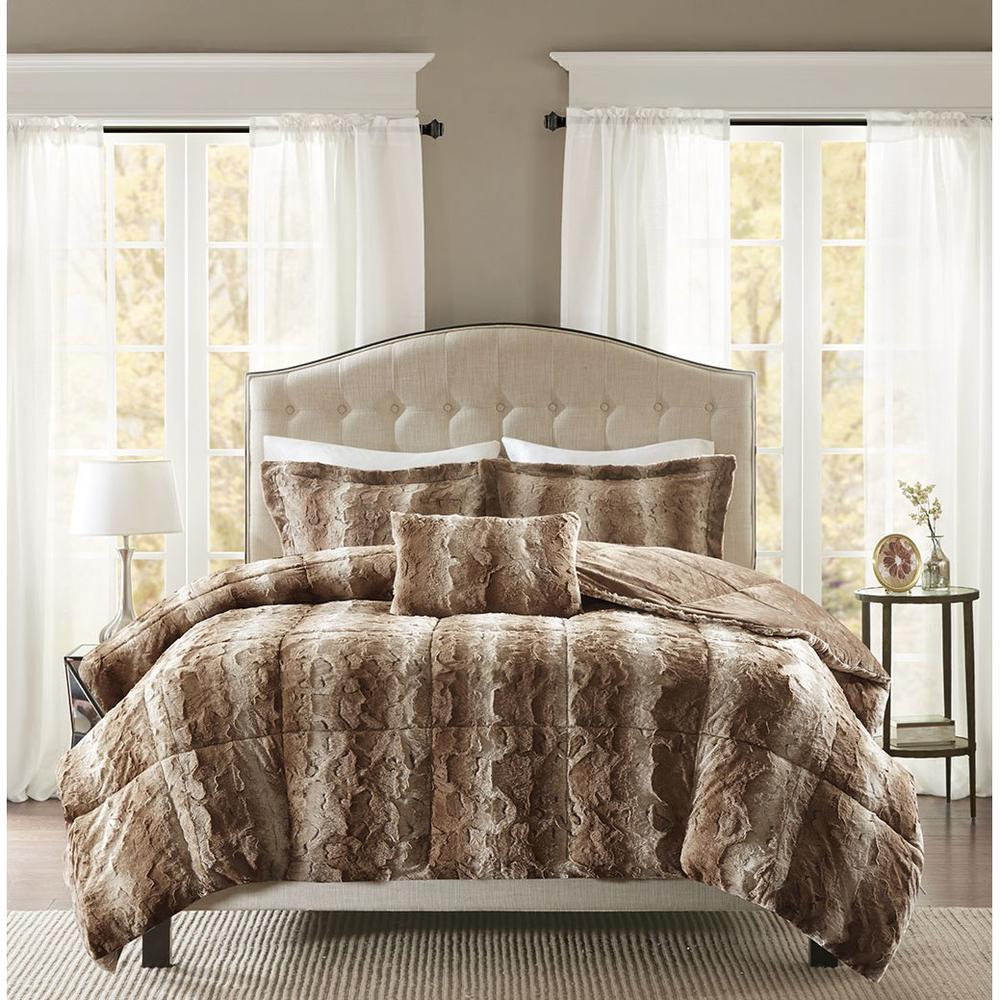 Start2Finish 4-piece faux fur comforter set with plush, soft bedding in neutral tones for cozy bedroom decor.