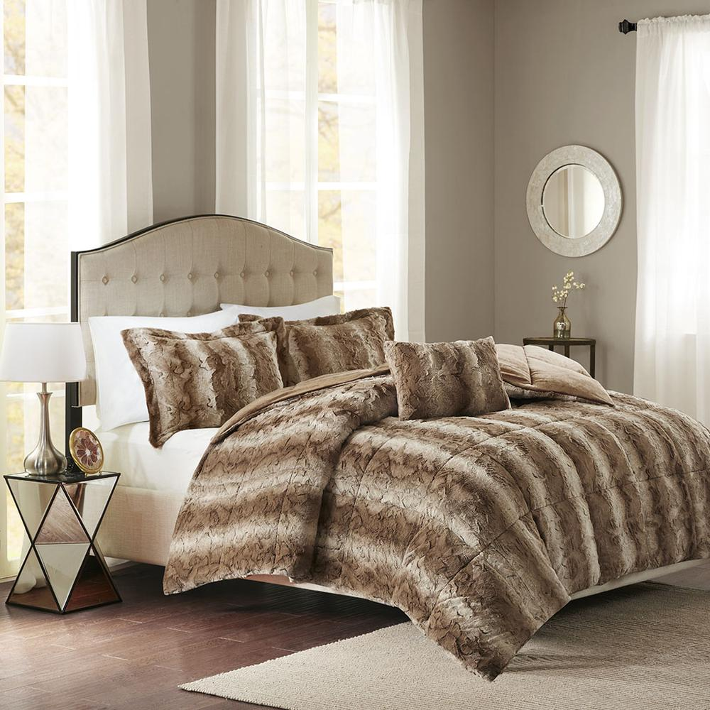 Start2Finish 4-piece faux fur comforter set with plush, soft bedding in warm neutral tones, perfect for cozy bedroom decor.