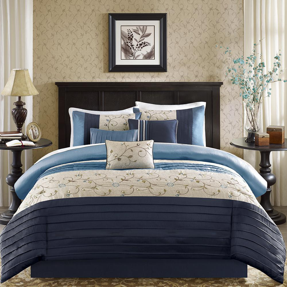 Serene embroidered 7-piece navy bedding comforter set by Start2Finish, featuring detailed embroidery and matching pillow shams.