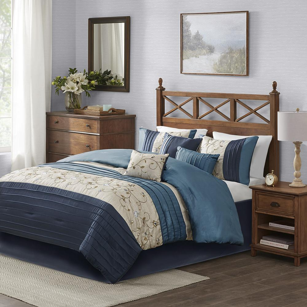 Start2Finish Serene Embroidered 7-Piece Navy Comforter Bedding Set with decorative stitching and matching pillow shams.