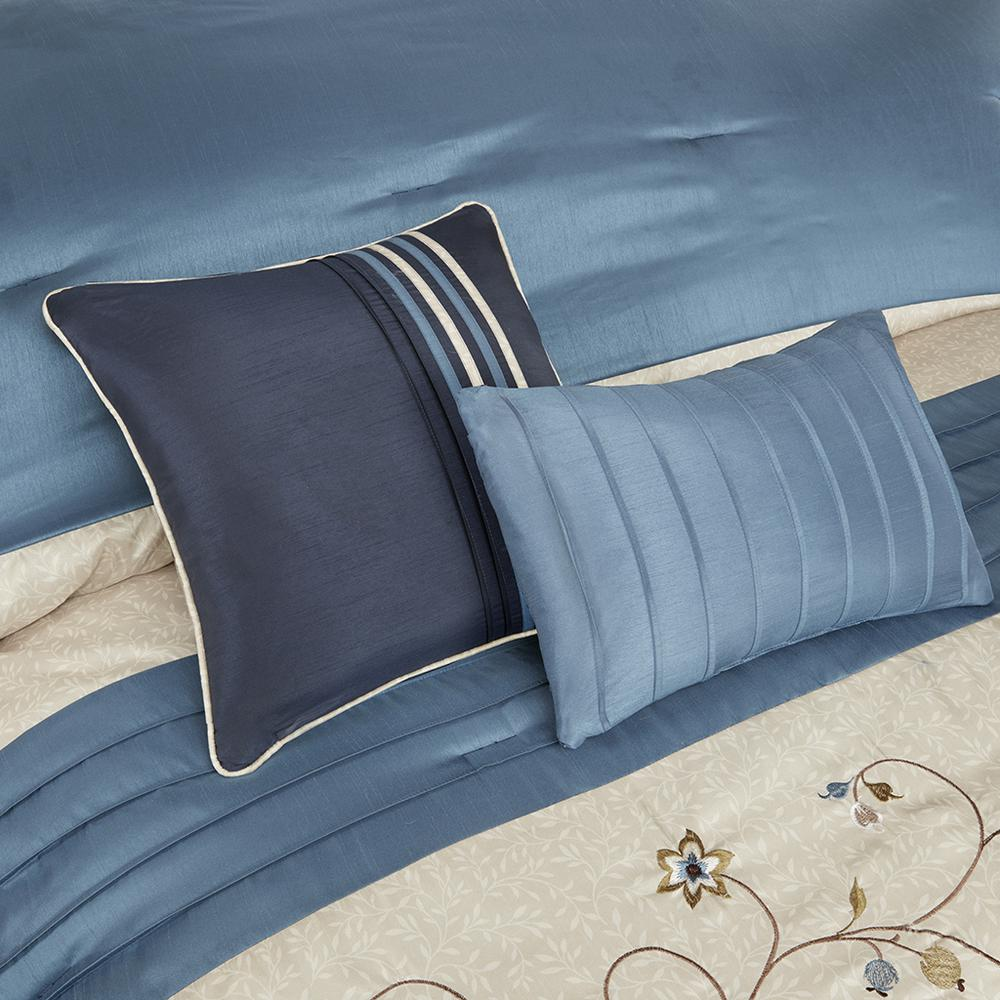 Serene embroidered 7-piece navy comforter set by Start2Finish, bedding with detailed embroidery and coordinating pillows.