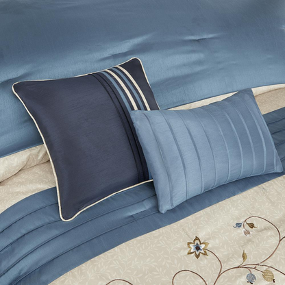 Serene embroidered 7-piece navy comforter set by Start2Finish, bedding with detailed embroidery and coordinating pillows.