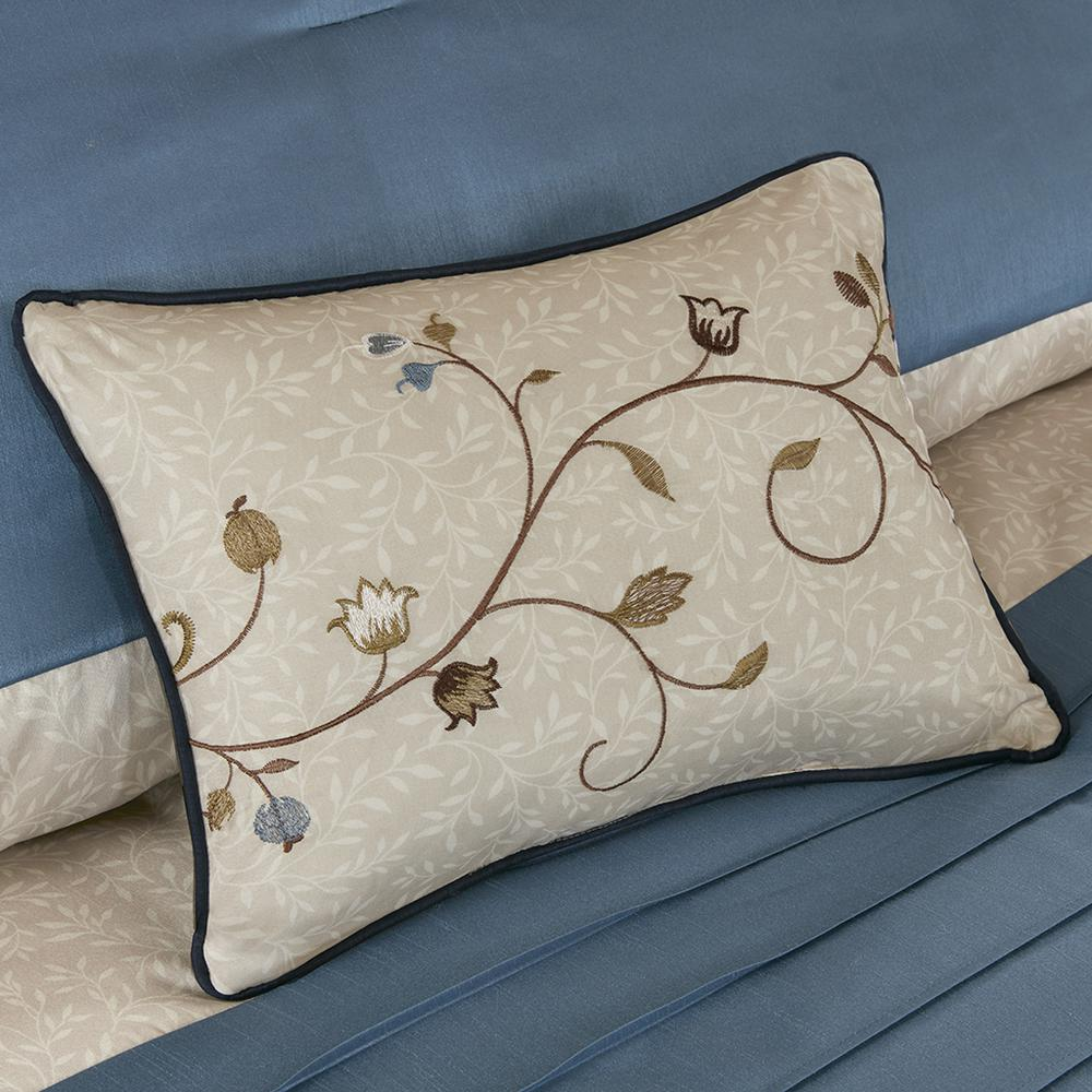 Start2Finish Serene Embroidered Navy 7-piece bedding comforter set with intricate embroidery and matching pillow shams.