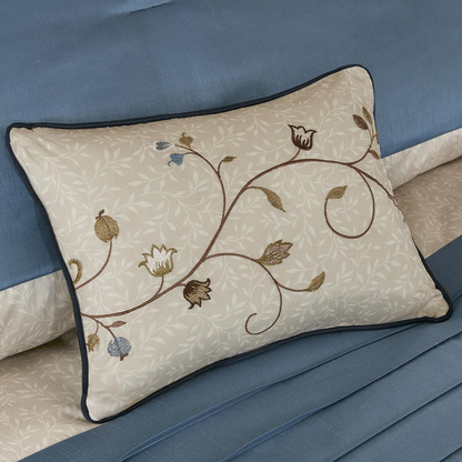 Start2Finish Serene Embroidered Navy 7-piece bedding comforter set with intricate embroidery and matching pillow shams.