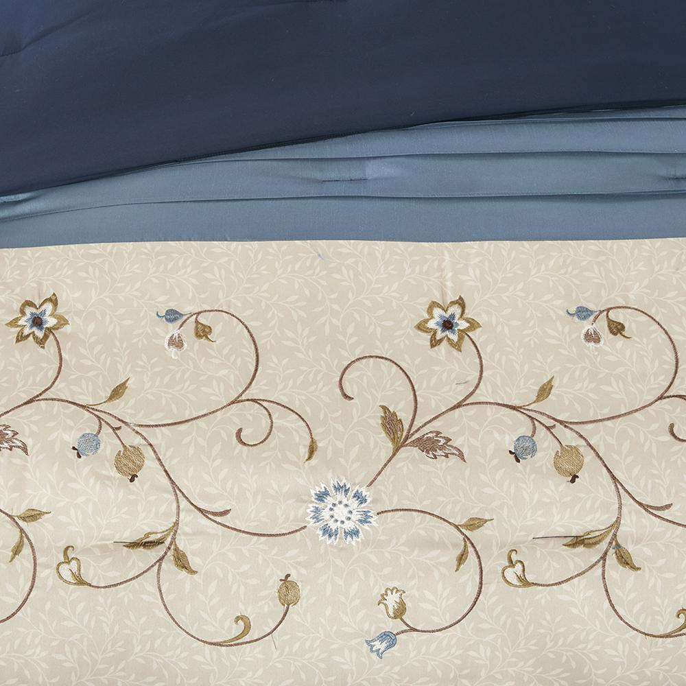 Navy Serene embroidered 7-piece bedding comforter set by Start2Finish, featuring intricate embroidery on soft fabric.