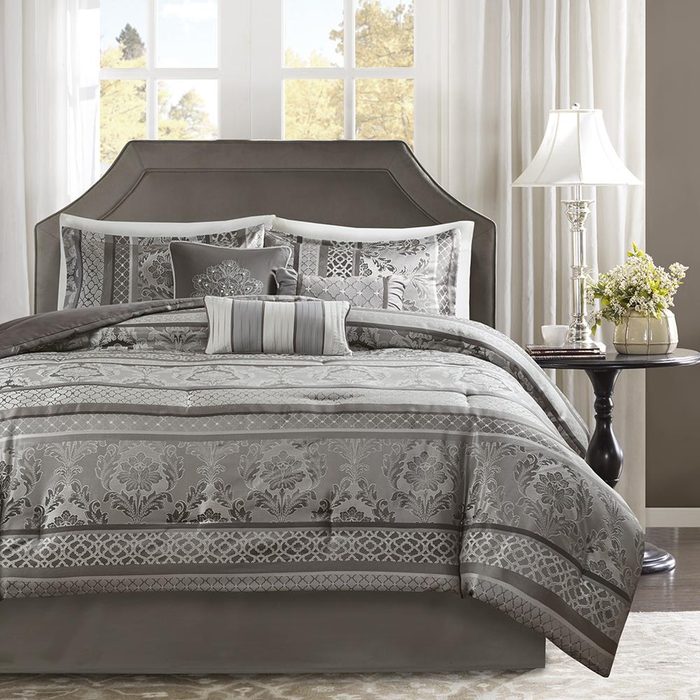 Start2Finish 7-piece jacquard comforter set with intricate woven patterns, including matching pillow shams and bed skirt.