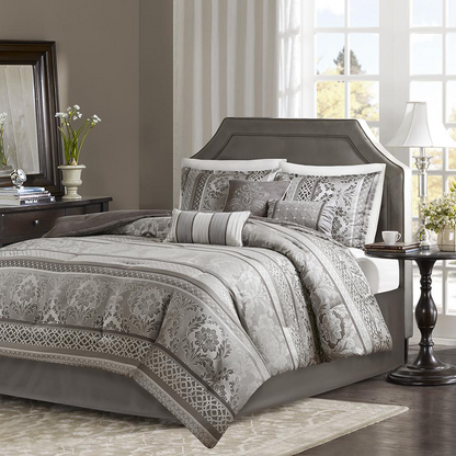 Start2Finish 7-piece Jacquard comforter set with intricate woven pattern, including matching pillow shams and bed skirt.