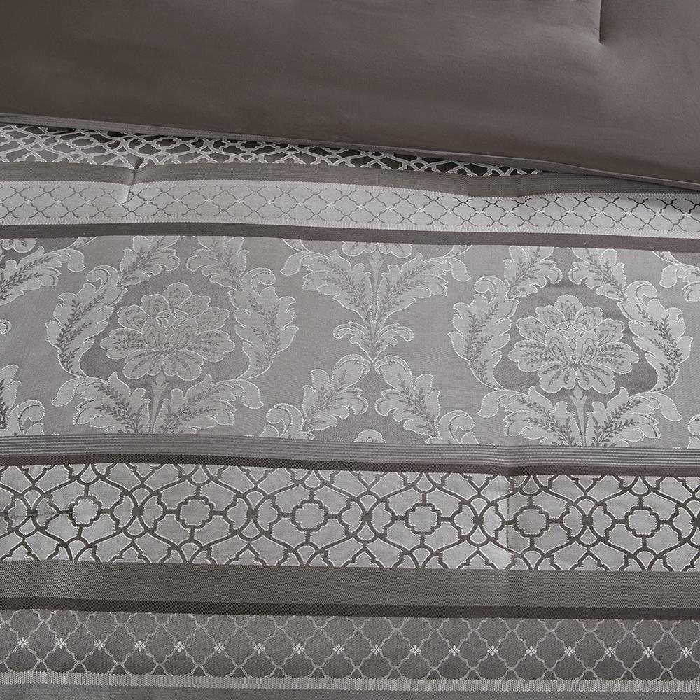 Start2Finish 7-piece Jacquard comforter set with intricate woven pattern and matching pillow shams displayed on a bed.