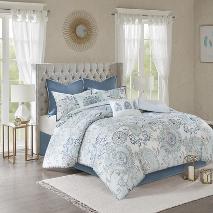 Start2Finish 8-piece cotton floral printed reversible comforter set with matching pillow shams and vibrant floral design.