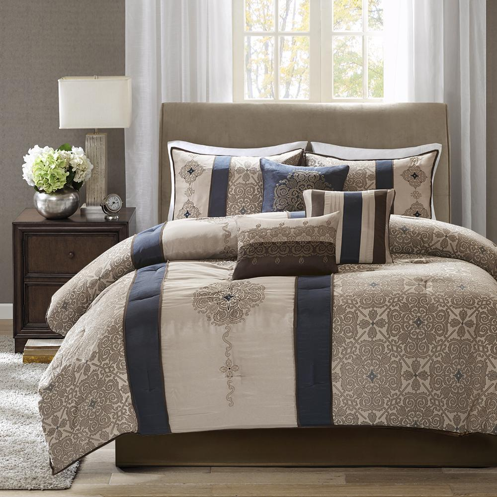 Start2Finish 7-piece Jacquard comforter set with decorative throw pillows, featuring intricate woven patterns and plush bedding.