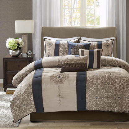 Start2Finish 7-piece Jacquard comforter set with decorative throw pillows, featuring intricate woven patterns and plush bedding.