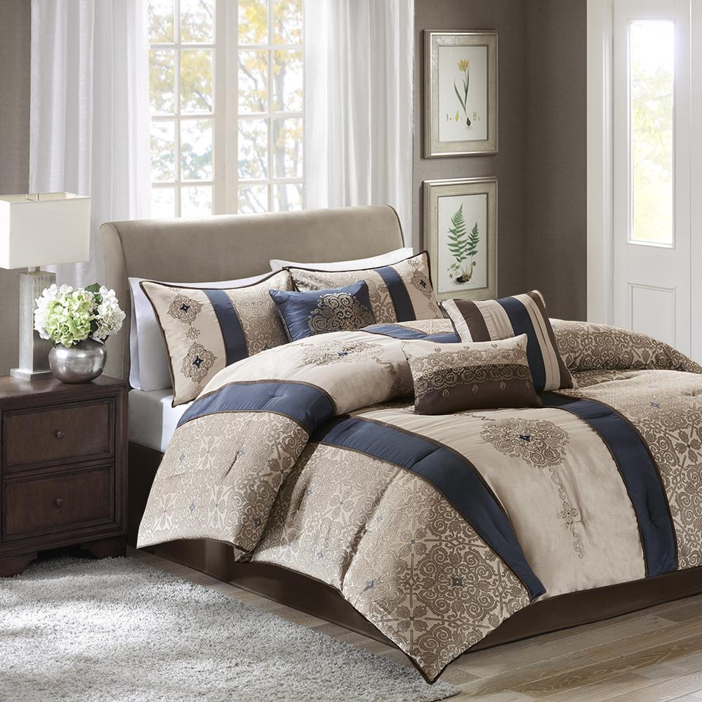 Start2Finish 7-piece Jacquard comforter set with matching throw pillows, showcasing intricate woven pattern and plush bedding.