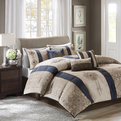 Start2Finish 7-piece Jacquard comforter set with matching throw pillows, showcasing intricate woven pattern and plush bedding.