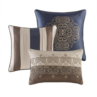 Start2Finish 7-piece jacquard comforter set with matching throw pillows, featuring intricate woven patterns in elegant bedding design.