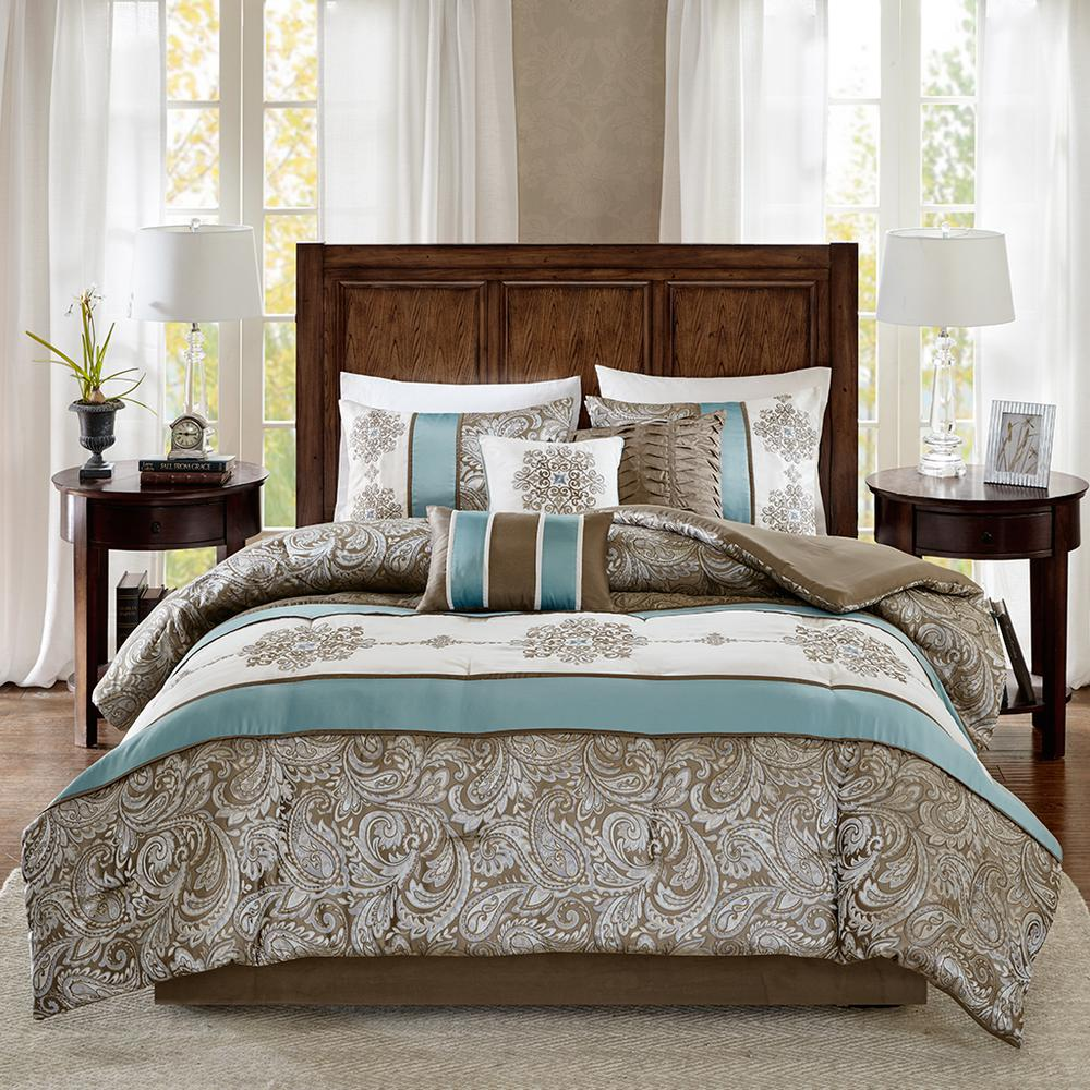 Start2Finish jacquard 7-piece comforter bedding set with intricate woven pattern and matching pillow shams on a neatly made bed.