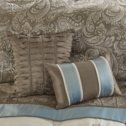 Start2Finish Jacquard 7-piece comforter bedding set with intricate woven pattern and matching pillow shams on a bed.