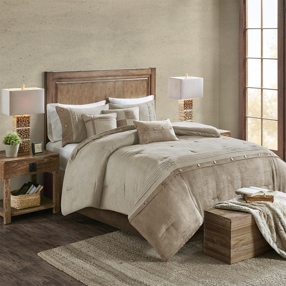 Start2Finish 7-piece faux suede comforter set with plush bedding and matching pillow shams in neutral tones, cozy and stylish.