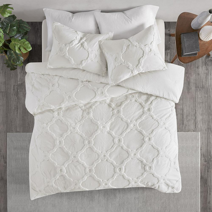 Start2Finish 3-piece tufted cotton chenille bedding comforter set with geometric design, shown in a cozy bedroom setting.