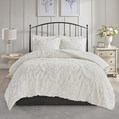 Start2Finish 3-piece tufted cotton chenille damask bedding comforter set with decorative pillows on a neatly made bed.