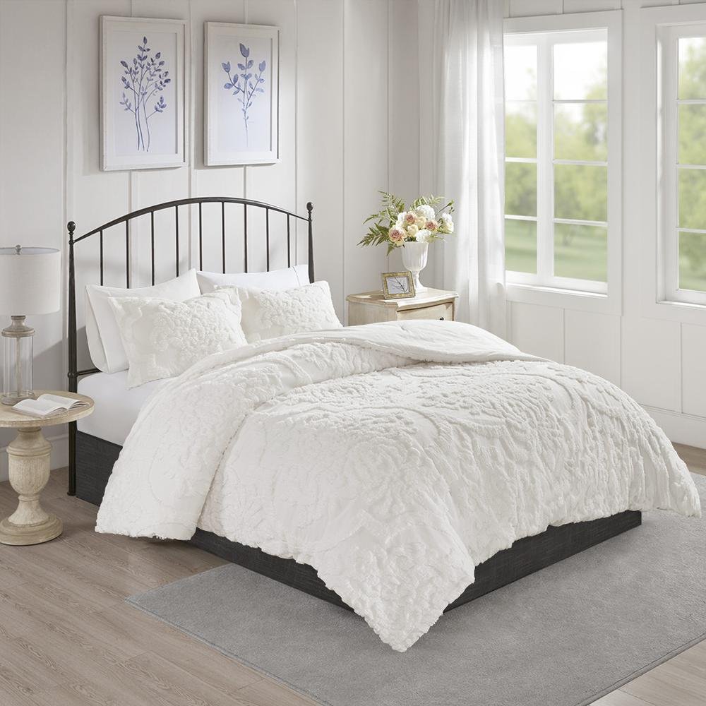 Three-piece tufted cotton chenille damask bedding comforter set with matching pillow shams, featuring elegant damask pattern.