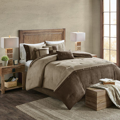 Start2Finish 7-piece faux suede comforter bedding set with matching pillow shams and decorative throw pillows on a bed.