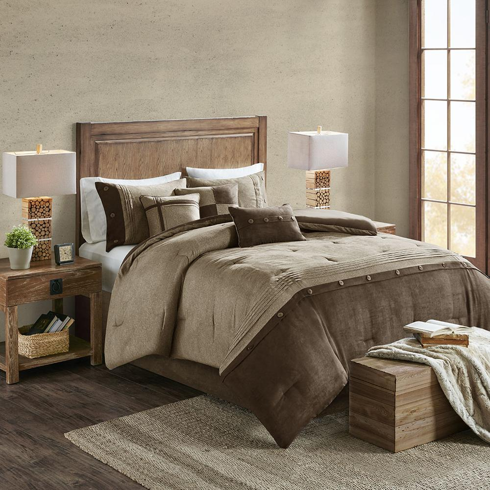 Start2Finish 7-piece faux suede comforter bedding set with matching pillow shams and decorative pillows on a neatly made bed.