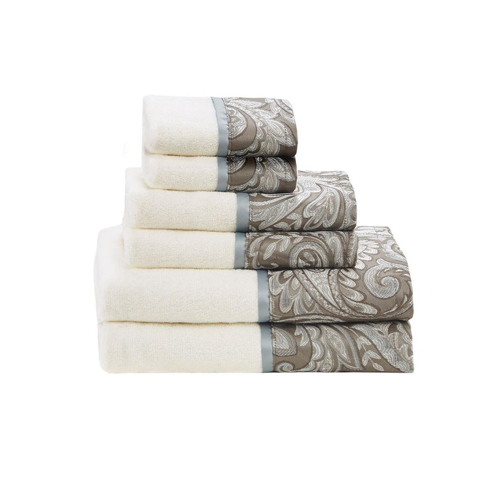 Start2Finish 6-piece Jacquard towel set with patterned plush towels in neutral tones, perfect for bathroom decor.