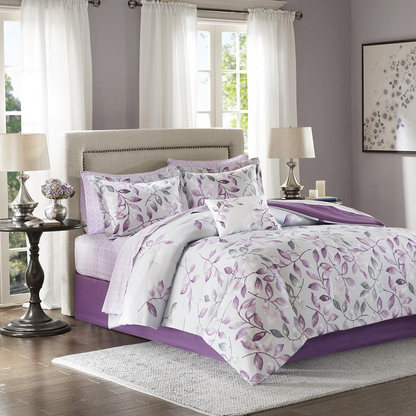Start2Finish 9-piece comforter set with matching cotton bed sheets, featuring cozy bedding and decorative pillows.