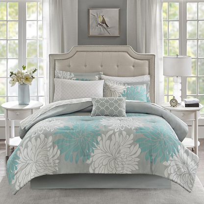 Start2Finish 9-piece comforter set with soft cotton bed sheets, showcasing a cozy, stylish bedding ensemble with coordinated pillows.