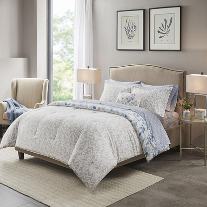 Start2Finish reversible 8-piece comforter set with matching bed sheets, showcasing stylish bedding and vibrant patterns.