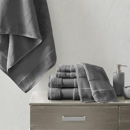 Start2Finish cotton 6-piece bath towel set showing plush, white towels with folded edges and textured surface.