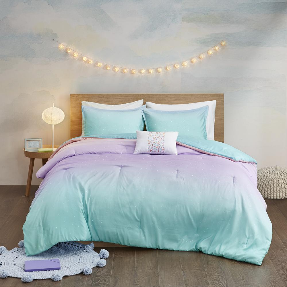 Start2Finish metallic glitter printed reversible comforter set with shiny, colorful patterns on a bed in a cozy bedroom scene.