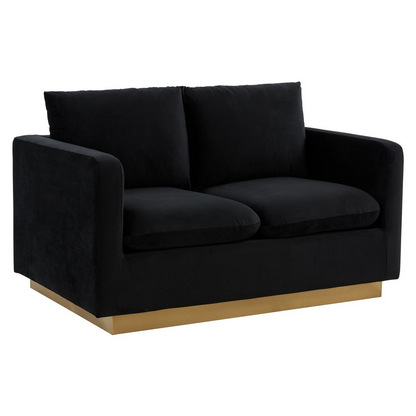 Start2Finish Nervo velvet loveseat with gold frame, modern mid-century design, upholstered seating, and sleek elegant style.