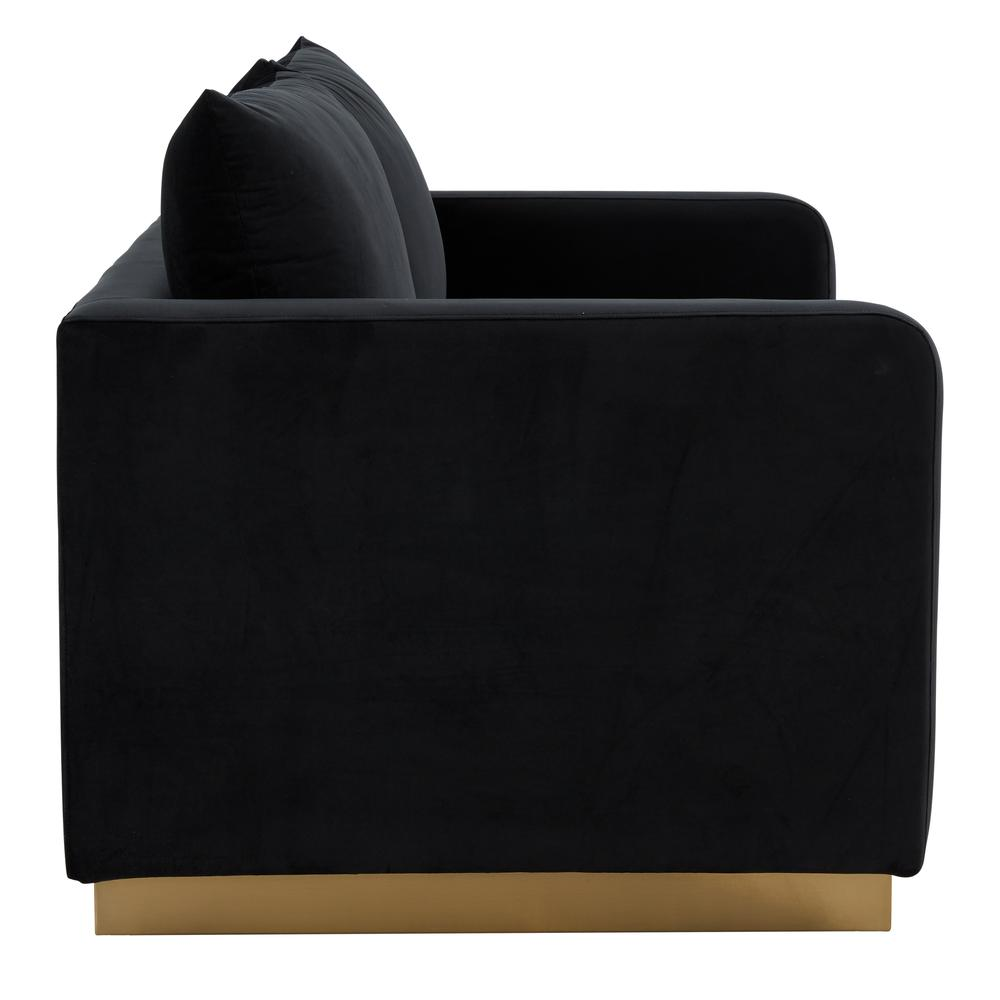 Modern mid-century velvet loveseat with gold frame, upholstered by Start2Finish, showcasing plush seating and sleek design.