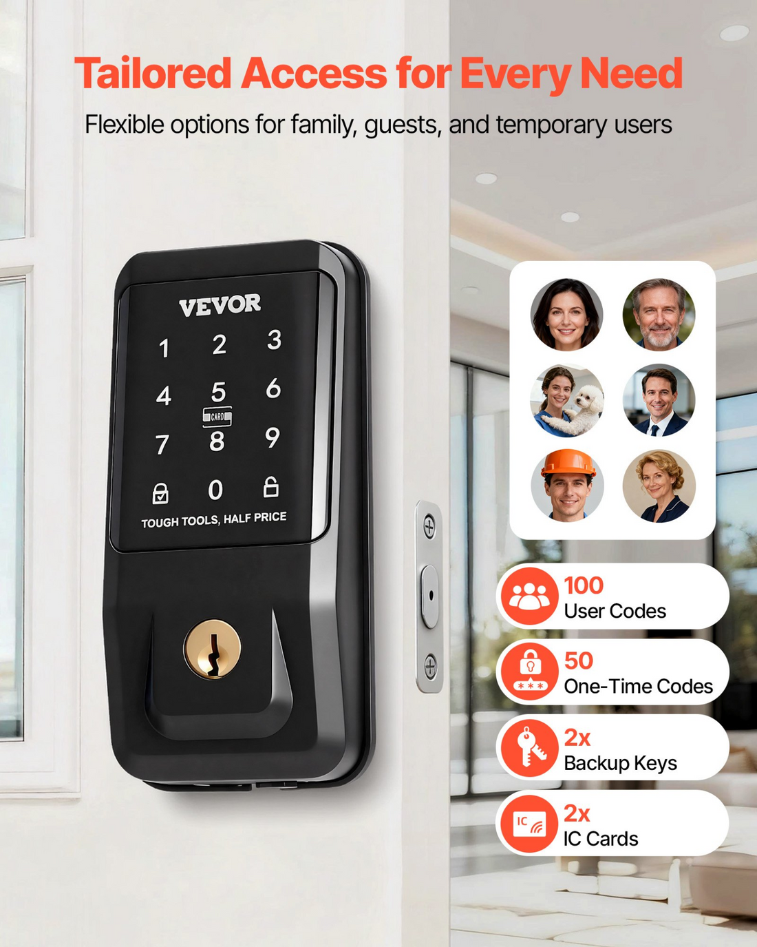 Start2Finish VEVOR keyless entry door lock with touchpad, backlit keypad, IC card, and customizable codes in matte black.