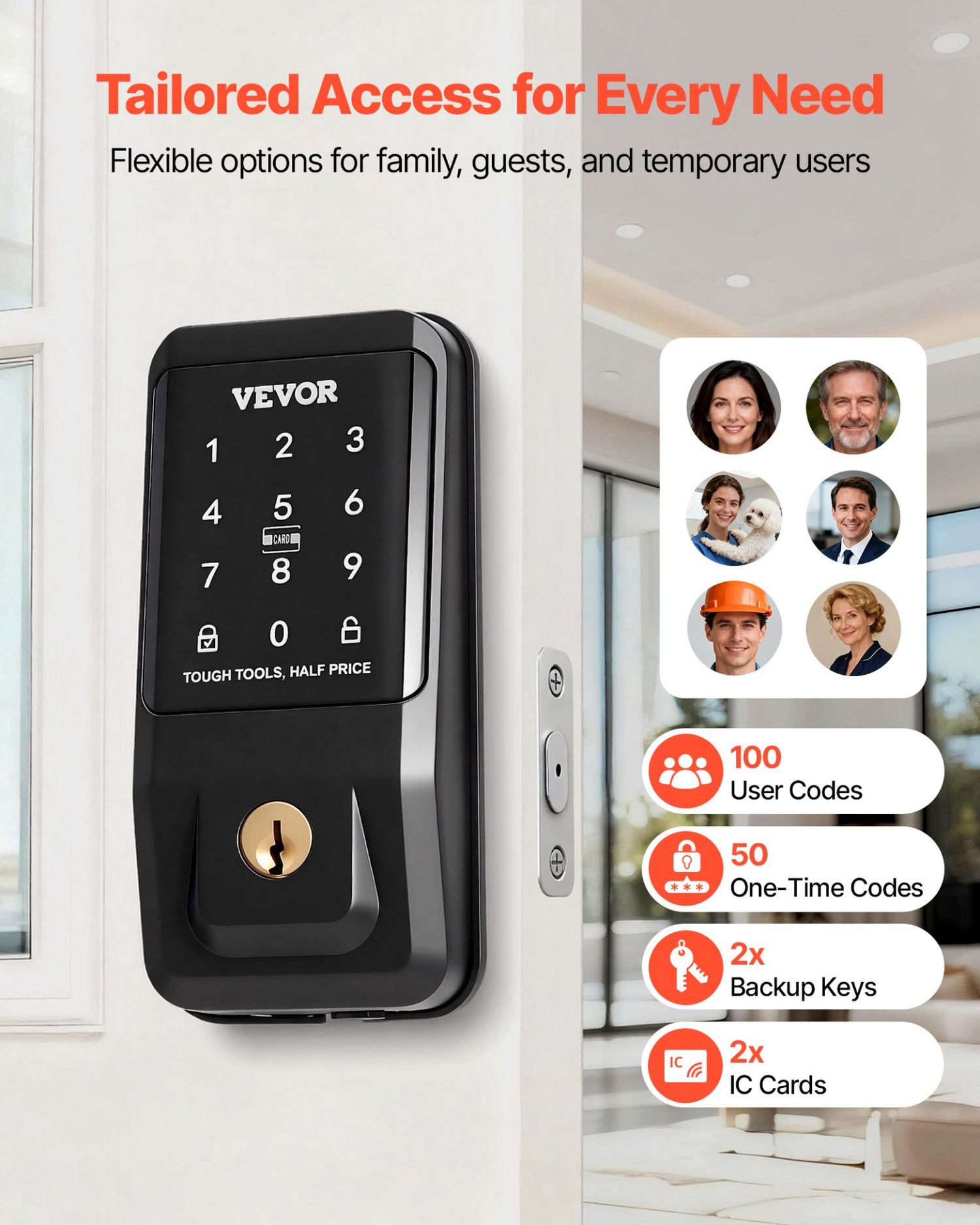 Start2Finish VEVOR keyless entry door lock with touchpad, backlit keypad, IC card, and customizable codes in matte black.