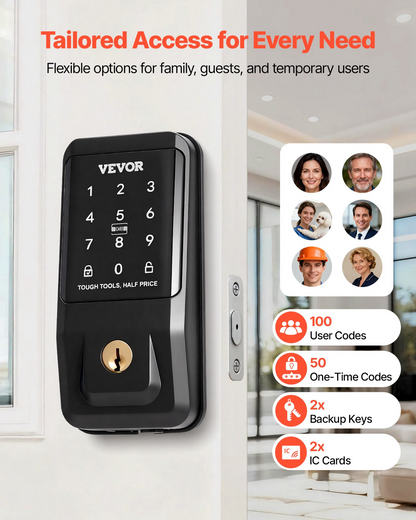 Start2Finish VEVOR keyless entry door lock with touchpad, backlit keypad, IC card, and customizable codes in matte black.