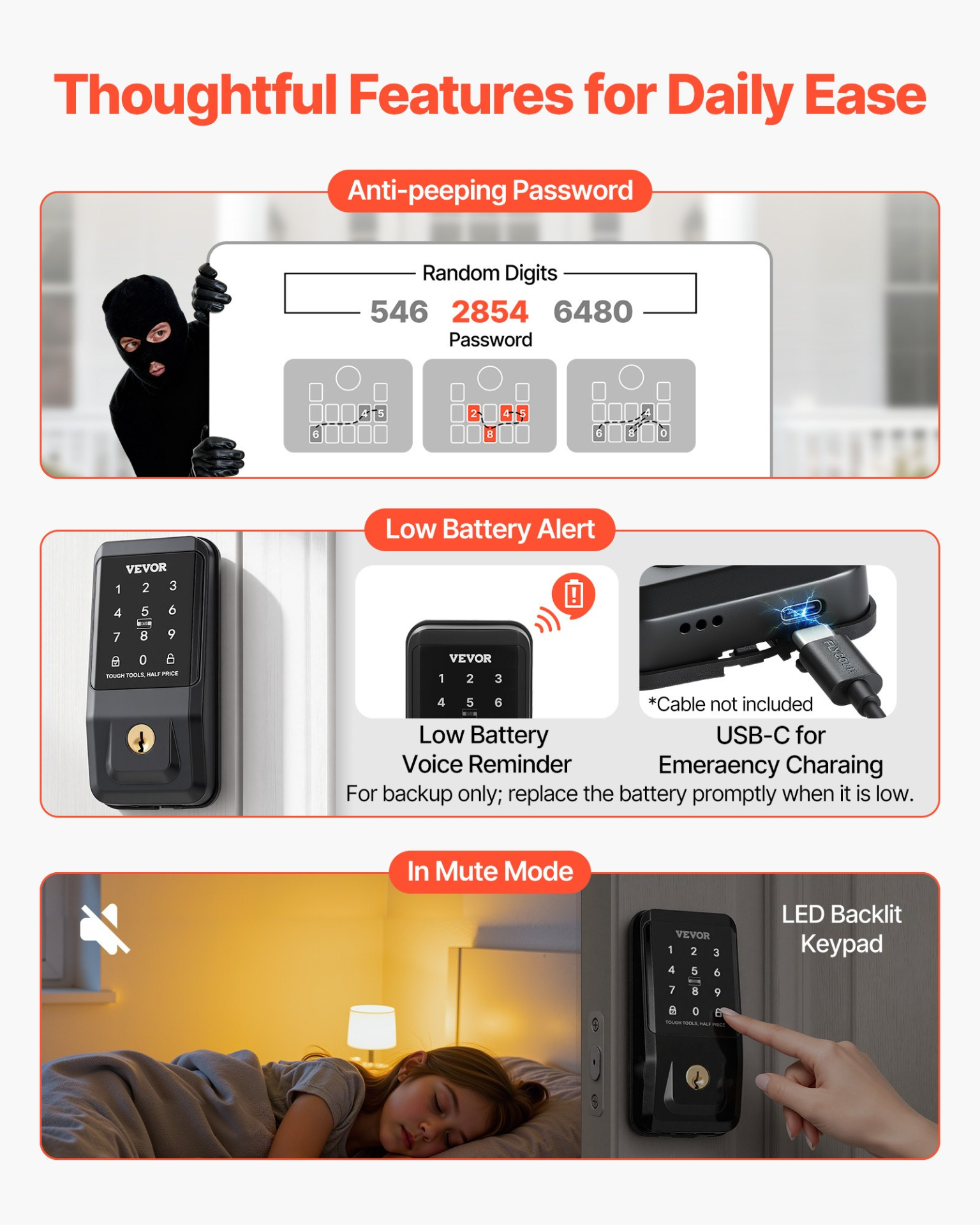 Start2Finish VEVOR keyless entry door lock with touchpad, backlit keypad, electronic deadbolt, and customizable user codes.