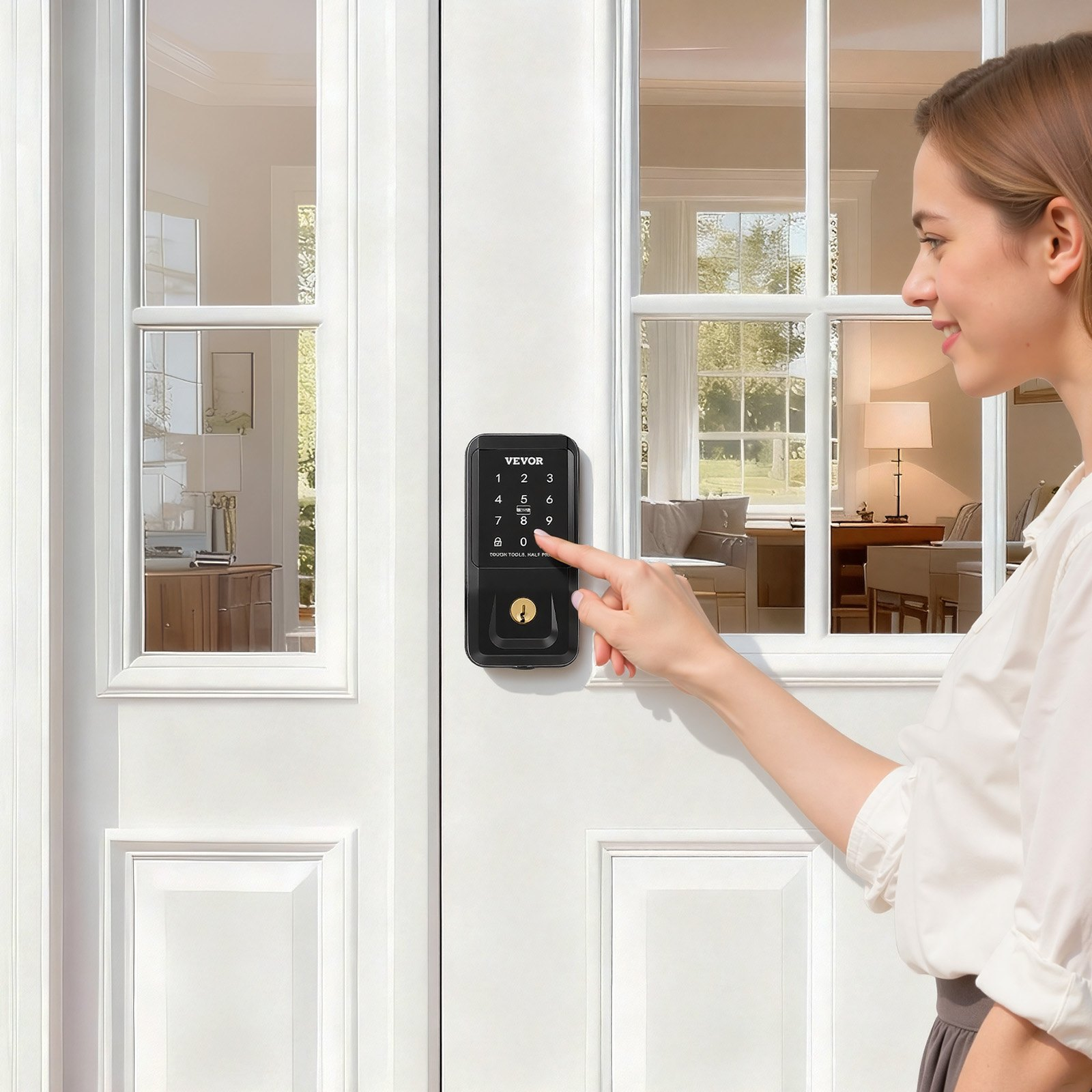 Start2Finish VEVOR keyless entry door lock with touchpad, backlit keypad, IC card, customizable codes, and auto lock in matte black.